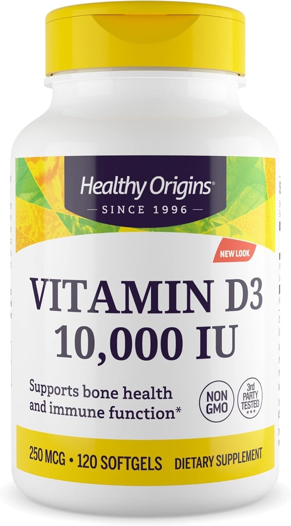Zdravý původ Vitamin D3 10 000 IU (non- GMO, vysoká účinnost, kostní podpora, imunitní podpora, gluten zdarma), 120 Softgels