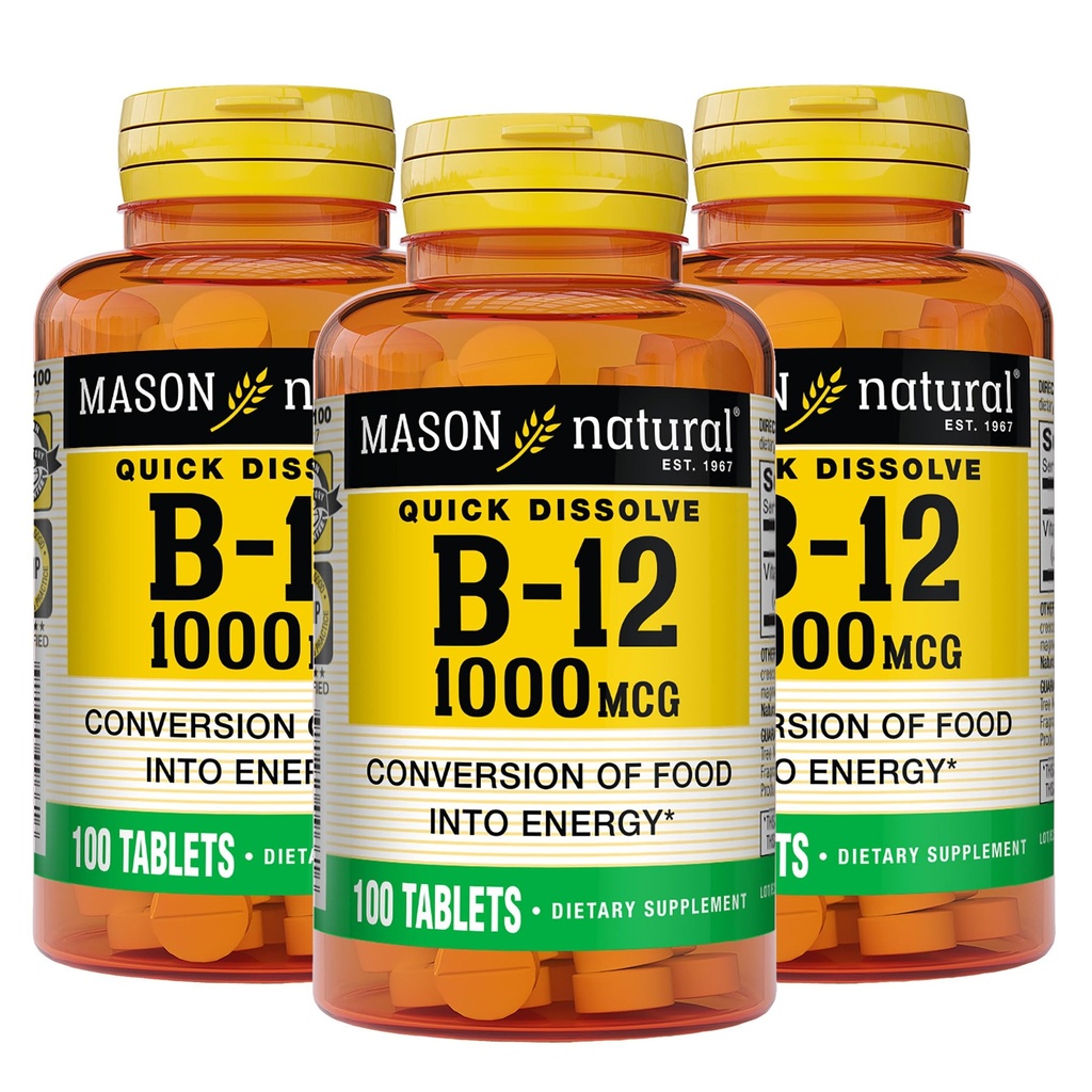 MASON NATURAL B, 12 1000 mcg Quick Disolute, 300 denní dodávka pro zdravou přeměnu potravin na energii (3 balení)