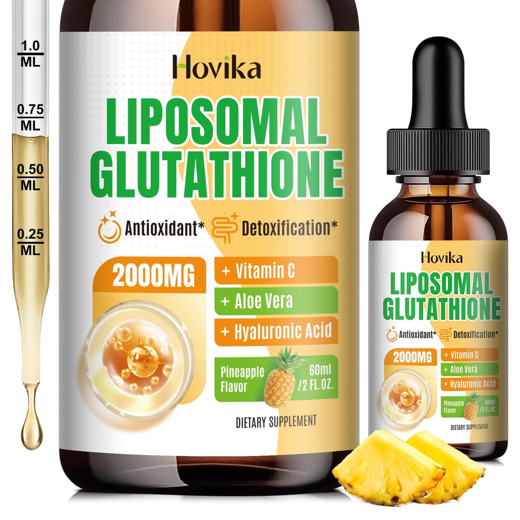Lipozomální Glutathione dodatek 2000mg, Tekuté Glutathione Kapky s vitaminem C, Master antioxidanty pro imunitní systém, Stárnutí obrany, Skin Health, Játra Detox -Superior Absorpce, Ananas 2 Fl Oz