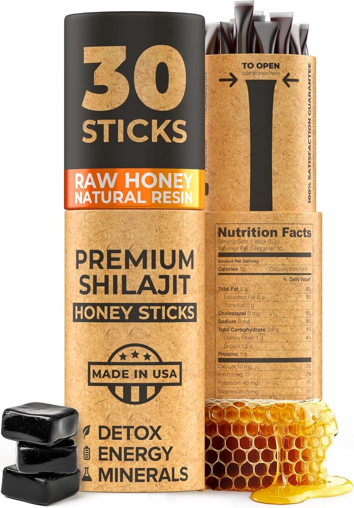 NATURAL SHILAJIT Honey Sticks - Shilajit Resin with Raw Honey, Fulvic Acid & Trace Minerals, Plant Based Nutrients for Energy, Imunite Support & Vitality - 30 Shilajit Sticks