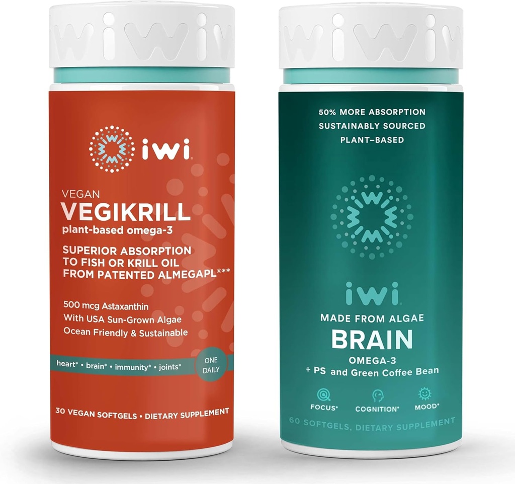 iwi Life Vegikrill & Brain Omega33 Bundle, 30 Servings, Vegan Plant- Based Algae Omega 3 s EPA + DHA, Krill & Fish Oil Alternative, No Fishy After taste