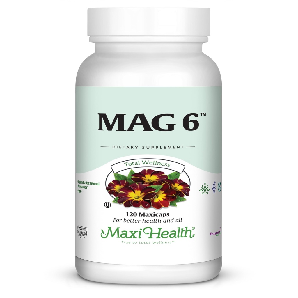 Maxi Health MAG 6 - Hořčík (jako oxid, glycinát) s vitaminem B6 - Migréna, svalové křeče, Podpora ledvinového kamene - doplněk hořčíku pro ženy a muže - 120 Kapsle - Kosher