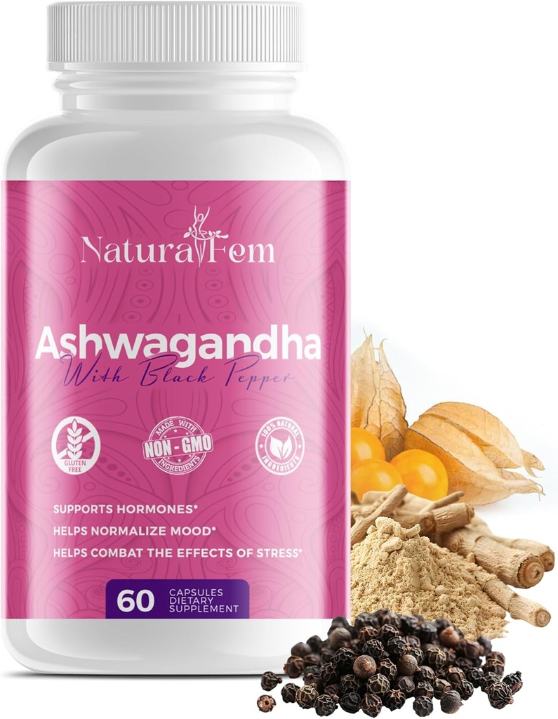 Naturalfem Ashwagandha doplňky pro ženy s Black Pepper - Stress Management, Hormon & Mood Supplement - Gluten- Free, 1300 mg. 60 Zeleninové kapsle