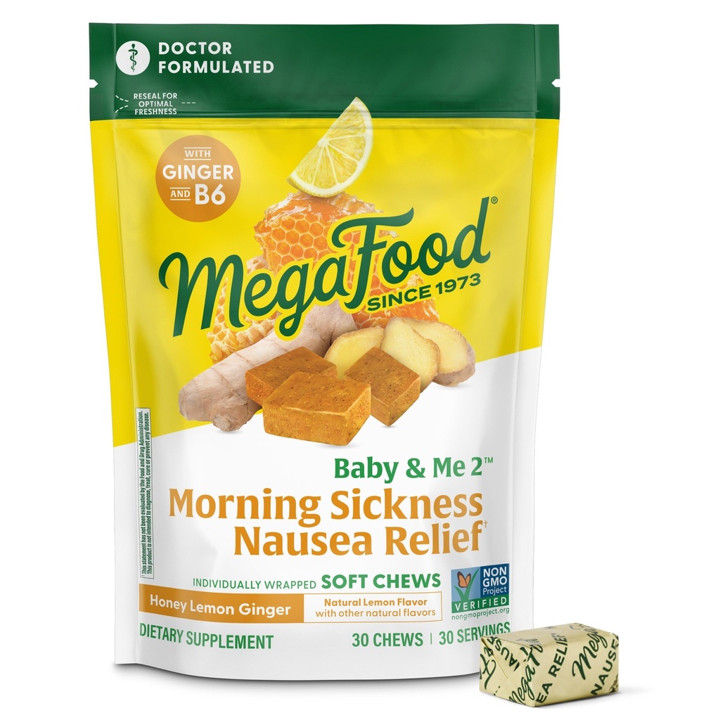 MegaFood Baby & Me Prenatal Morning Nemoci Relief, Ginger Chews, s vitamínem B6, Made Without 9 Food Alergens, Med Lemon Ginger Flavor, 30 Chews
