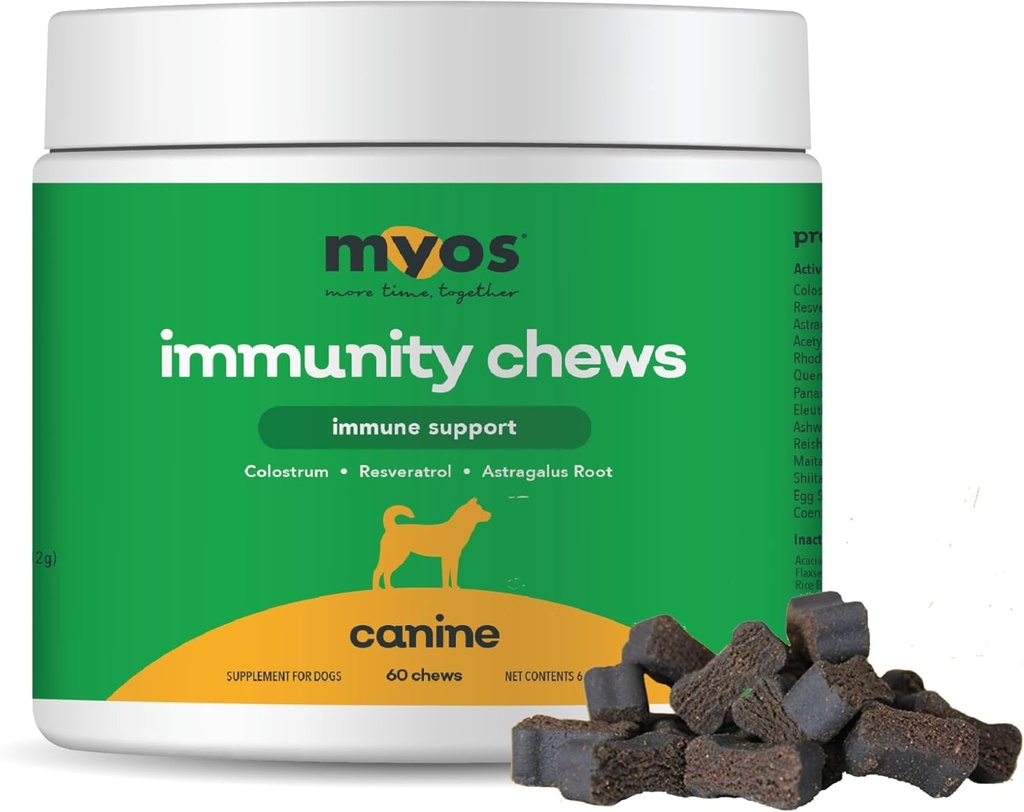 MYOS Imunity Chew for Dogs - Podpora imunitního systému, Antioxidanty, Pomáhá buněčné zdraví & Vitality- s Colostrom, Resveratrol, Astragalus Root, a houba - Denní žvýkací doplněk