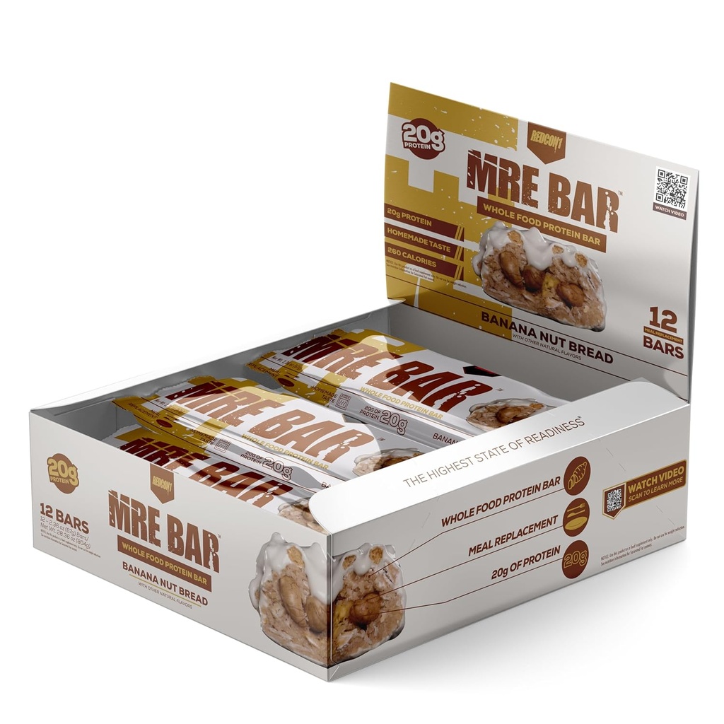 REDCON1 MRE Protein Bar, Banana Nut Bread - Obsahuje MCT Oil + 20g celého potravinového proteinu - snadno stravitelné, Makro vyvážený nízkocukrový jídelní bar (12 barů)