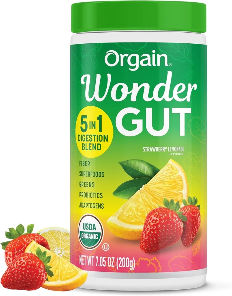 Orgain Organic Wonder Gut Fiber Supplement Powder, 5 in 1 Blend with 1 Billion Probiotics, Greens, Vitamin C, Adaptogens for Gut Health and Immunication Support, Non- GMO, Strawberry Lemonade, 7.05 oz