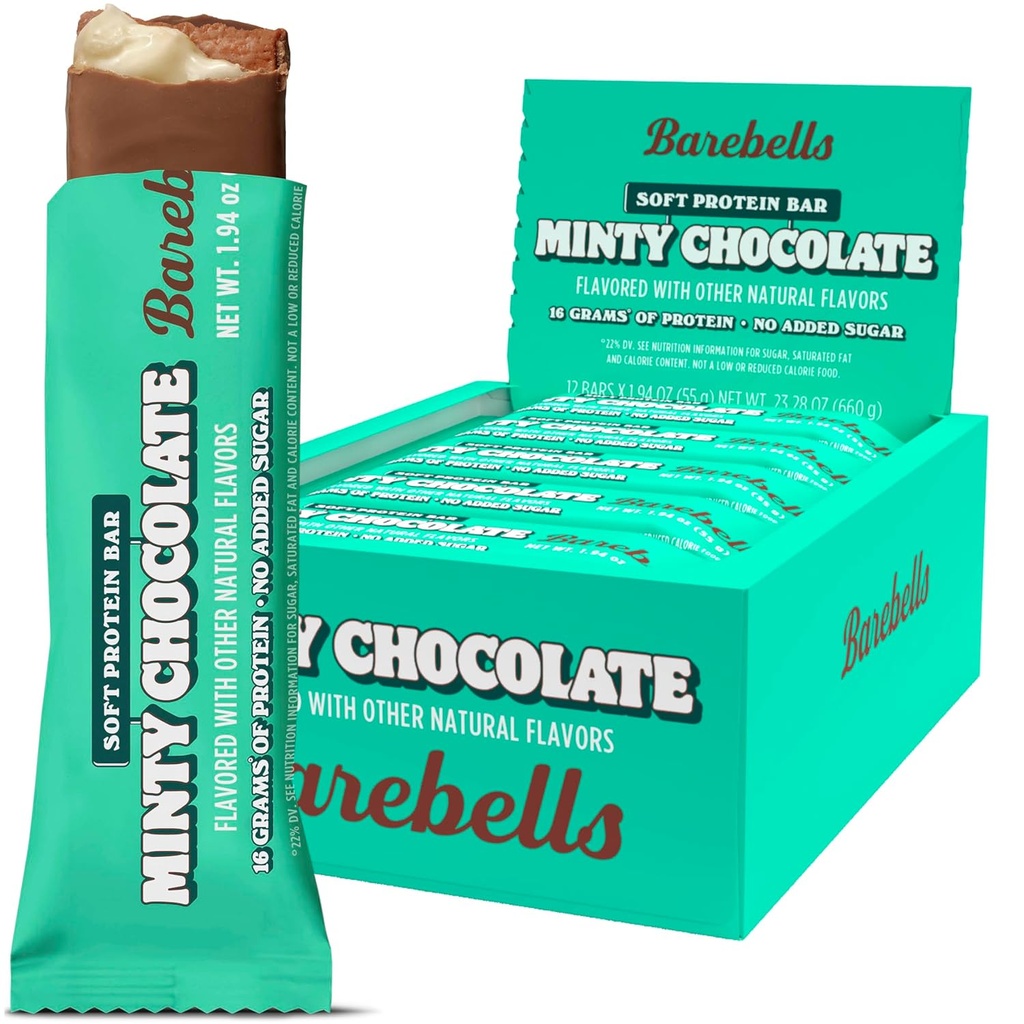 Barebells Soft Protein Bary, Minty Chocolate - 12 hrabě, 16g High Protein Treats - Chocolate Nutrition Bar s 1g Total Sugars - On The Go Breakfast nebo Post- Workout Snack