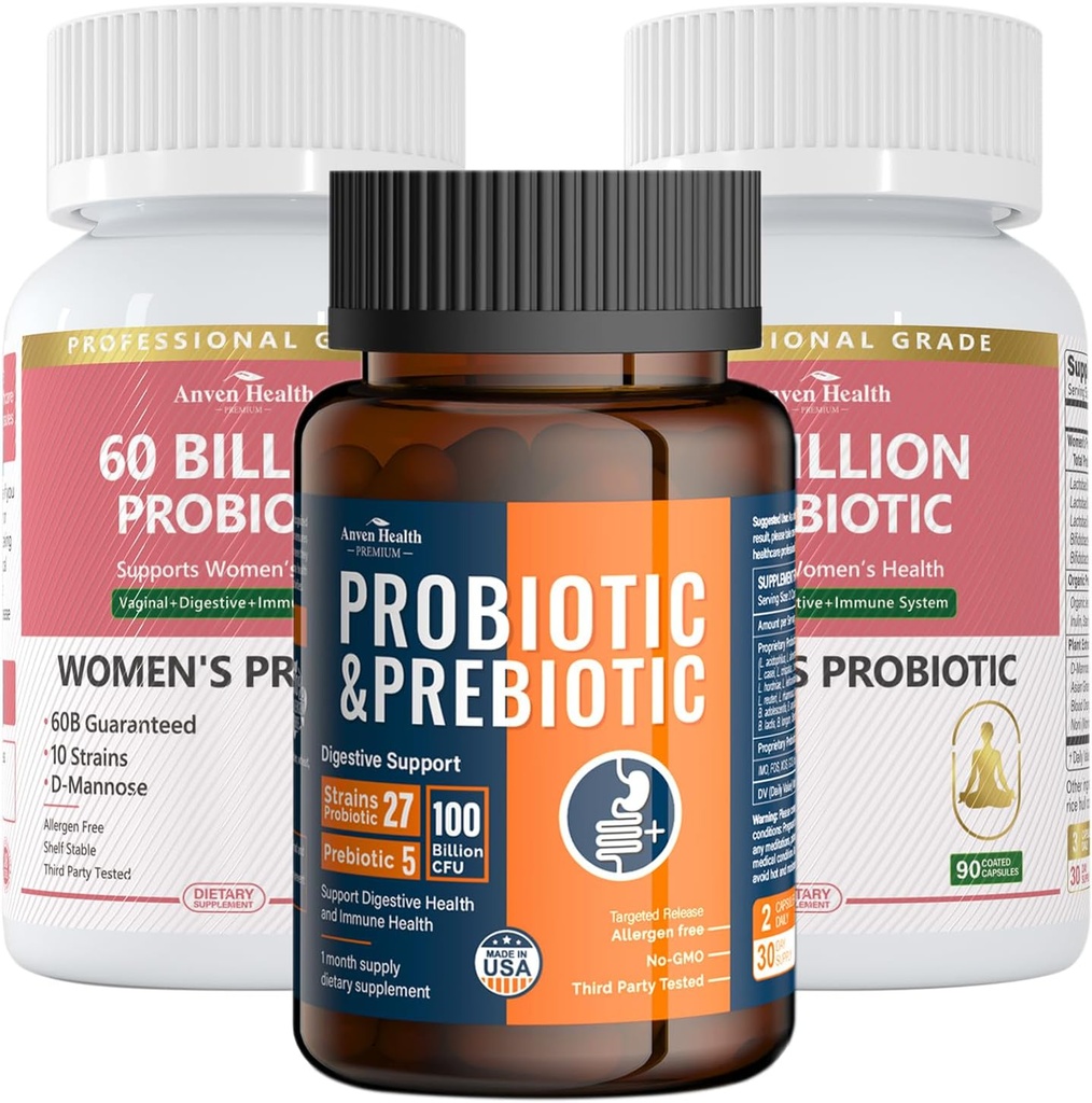 Gut Health Support Bundle: 2 Lahvičky ženských probiotik + 1 Lahvička univerzálních probiotik - Stravovací, močení a imunitní zdraví pro muže a ženy