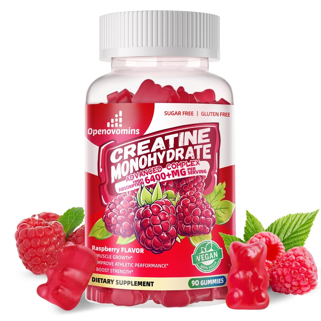 Creatine Monohydrát Žvýkačky Komplex 6400mg pro muže a ženy - Advanced Formule W / L- Taurie + vitamin B12, Bezcukrový Žvýkací doplněk, 90 Malinové žvýkačky
