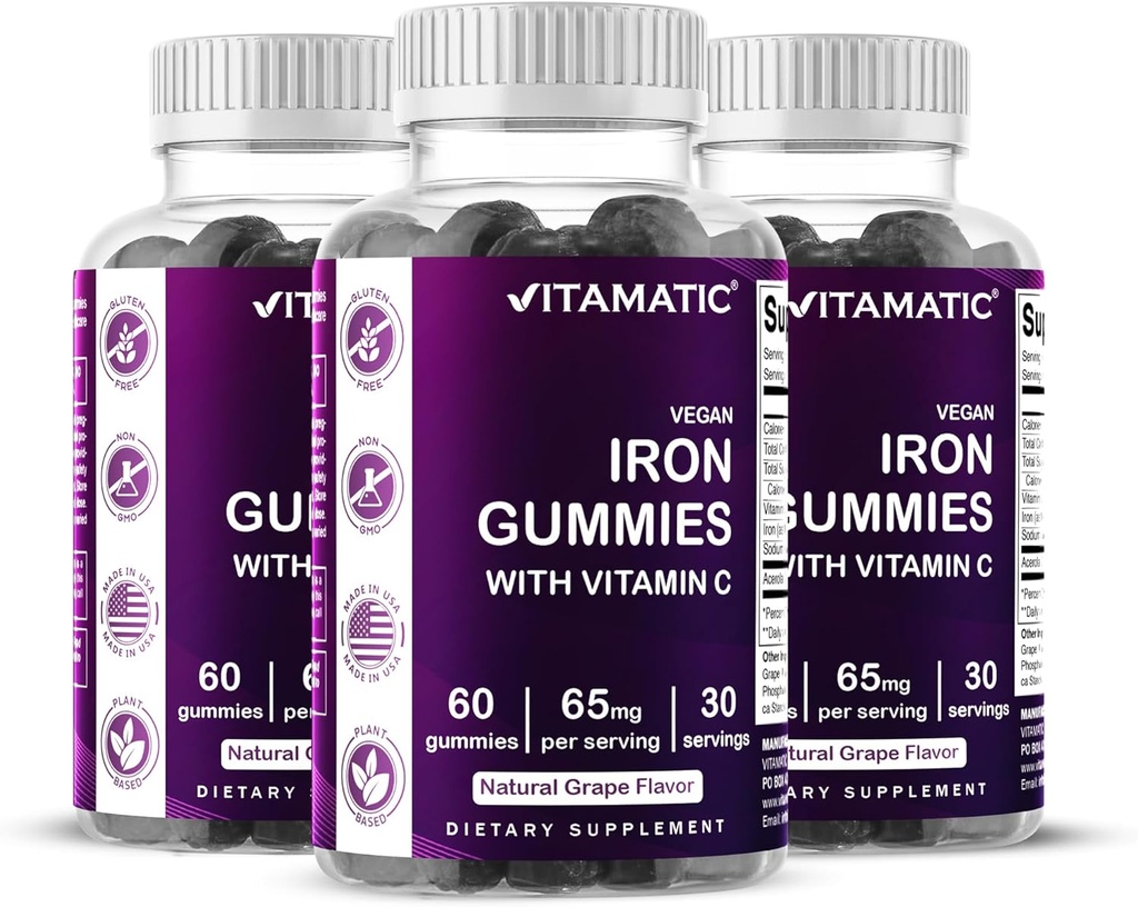 Vitamatic Iron 65 mg Gummies Supplement pro ženy a muže - 60 Veganských Gummies - Great Ochutnávání Iron Gummy Vitamíny s vitamínem C (3)