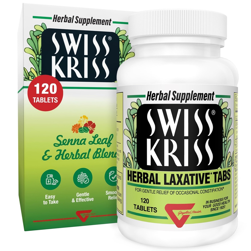 Švýcarské Kriss Bylinné Laxativní tablety, Gentle & Natural Laxations for Constolly Relief for Dospělí a děti nad 6 let, Pracuje v 6-12 hodin, Senna Laxative, 120 Tablety Celkem