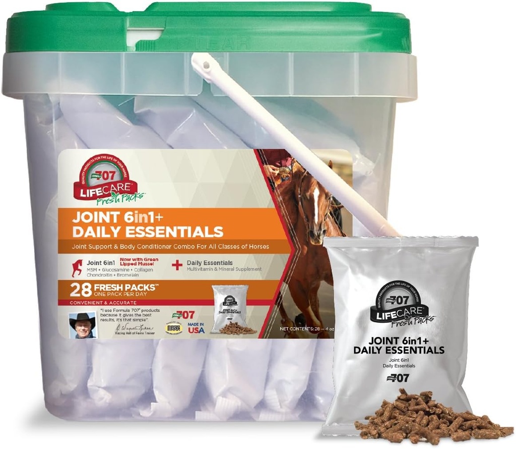 Vzorec 707 Joint 6in1 + Denní Essentials Combo Fresh Packs Equine Supplement, 28 Day Supply: Green- Lipped Mussel, Glucosamine, Chondroitin, Collagen, Bromelain & MSM + Kompletní vitaminy
