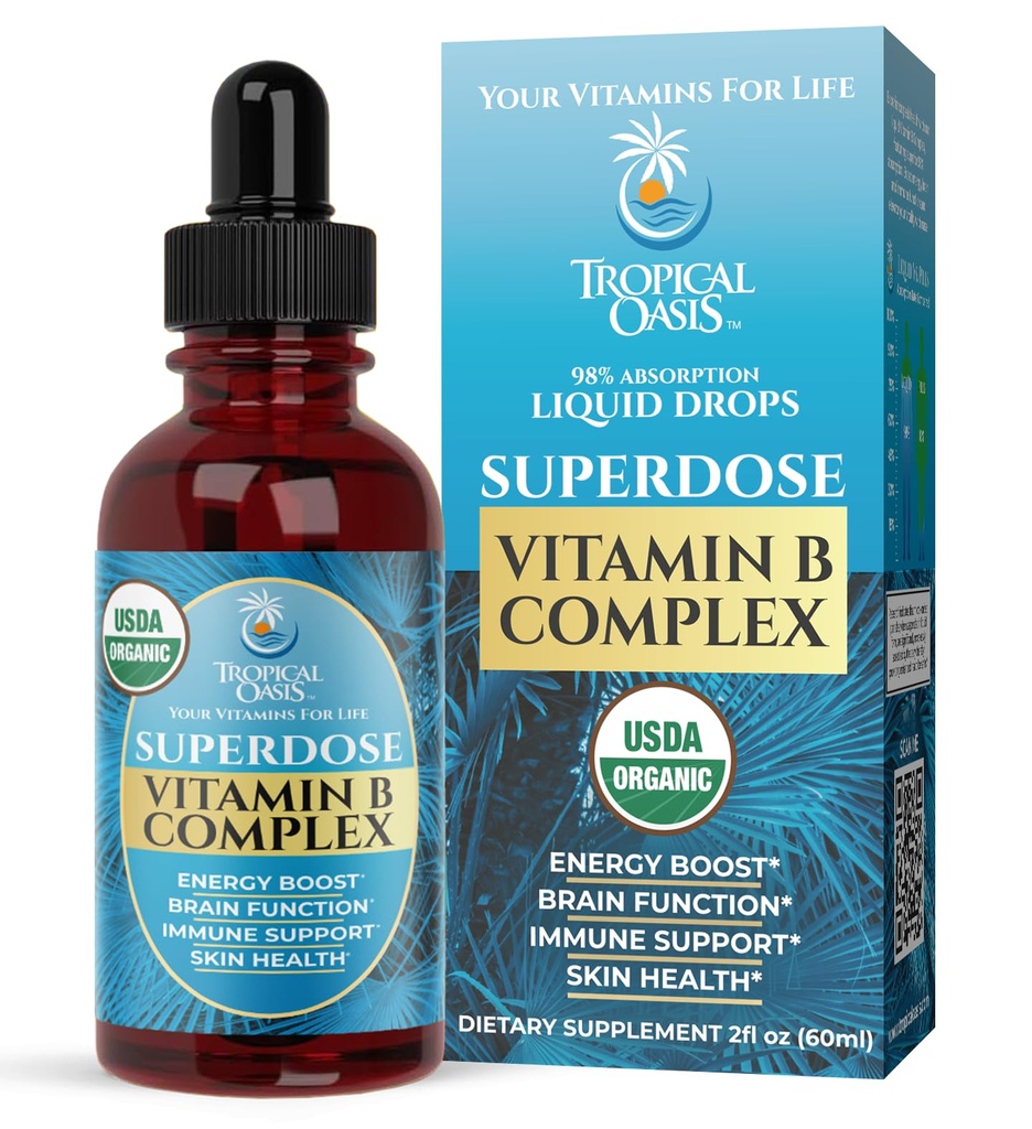 Superdose Organic Vitamin B Komplexní kapalné kapky 124; 125,000% DV Vitamin B12, B6, Biotin, Niacin, Foláty 124; Energie, Brain Health, Imunity Support PHAR124; USDA Organic, Vegan, Non- GMO PHAR124; 60 Serv, 2 Mo. Dodávka