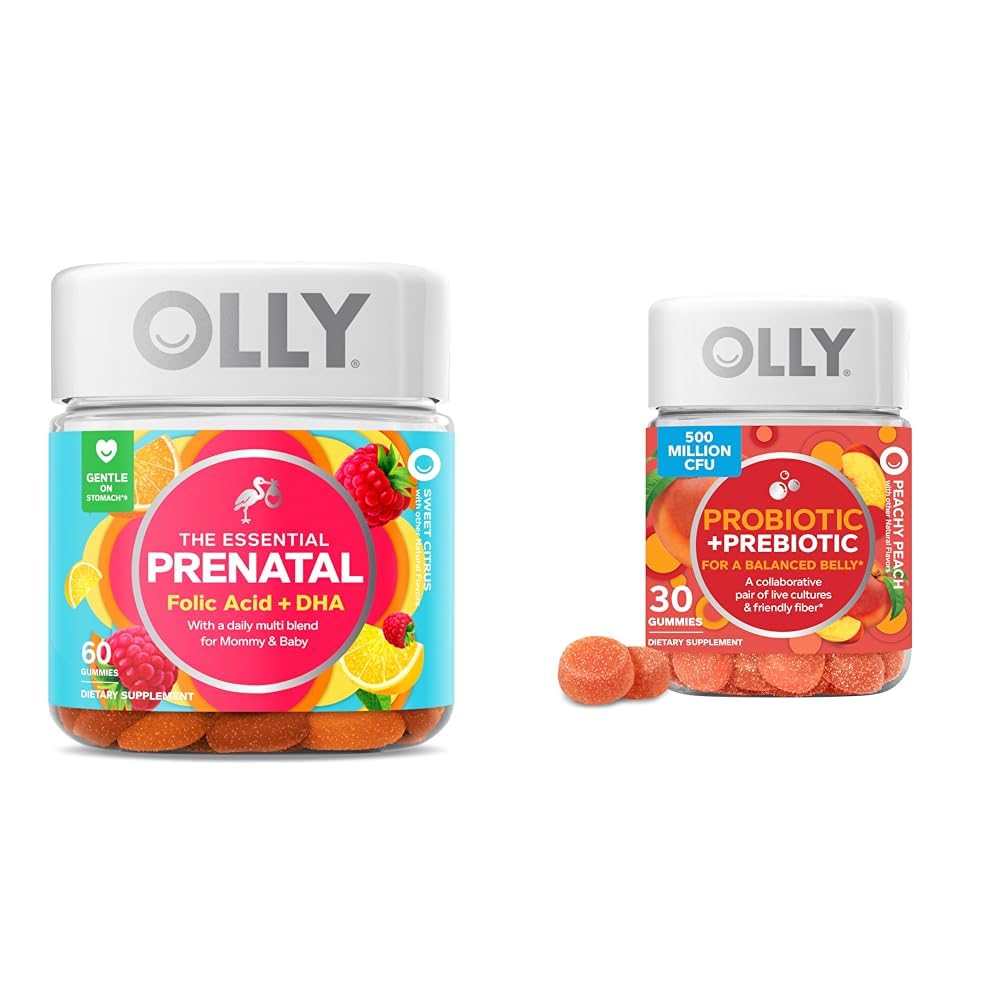 OLLY Základní Prenatal Gummy Multivitamin, 30 Day Supply (Gummies), Sweet, Folic Acid & Probiotic + Prebiotic Gummy, Digestive Support and Gut Health, 500 milionů CFU, Fiber