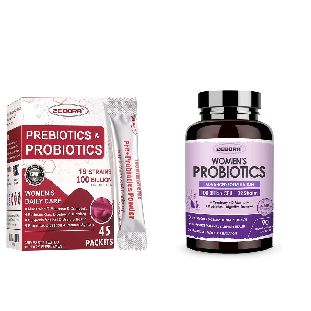 Zebora Probiotics-for-Women 100- Billion-CFU s prebiotika, D- Mannose & Cranberry pro stravovací, imunitní, feminin UT zdravotní podpora, Ultimate Probiotic Women 's Care, Soy & Gluten Free, 45 Packets
