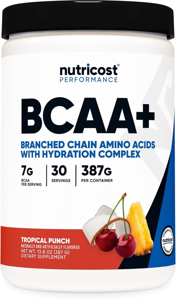Nutricost BCAA + Hydration Powder (Tropical Punch) 30 Servings - Branched Chain Amino Acids with Hydration Complex - Gluten- Free, Non- GMO