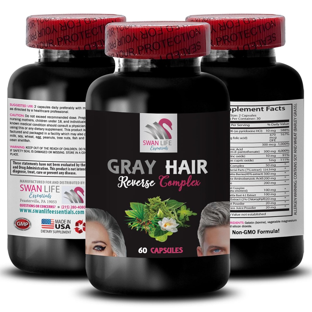 Gray Hair Supplement - GRAY HAIR REVERSE - revitalizace vlasů, intenzivní barva vlasů, přírodní lesk, dynamická barva, obnovený vzhled vlasů, vlasový lesk, svěží vibrace, barva re- energizer 1Bot 60Caps