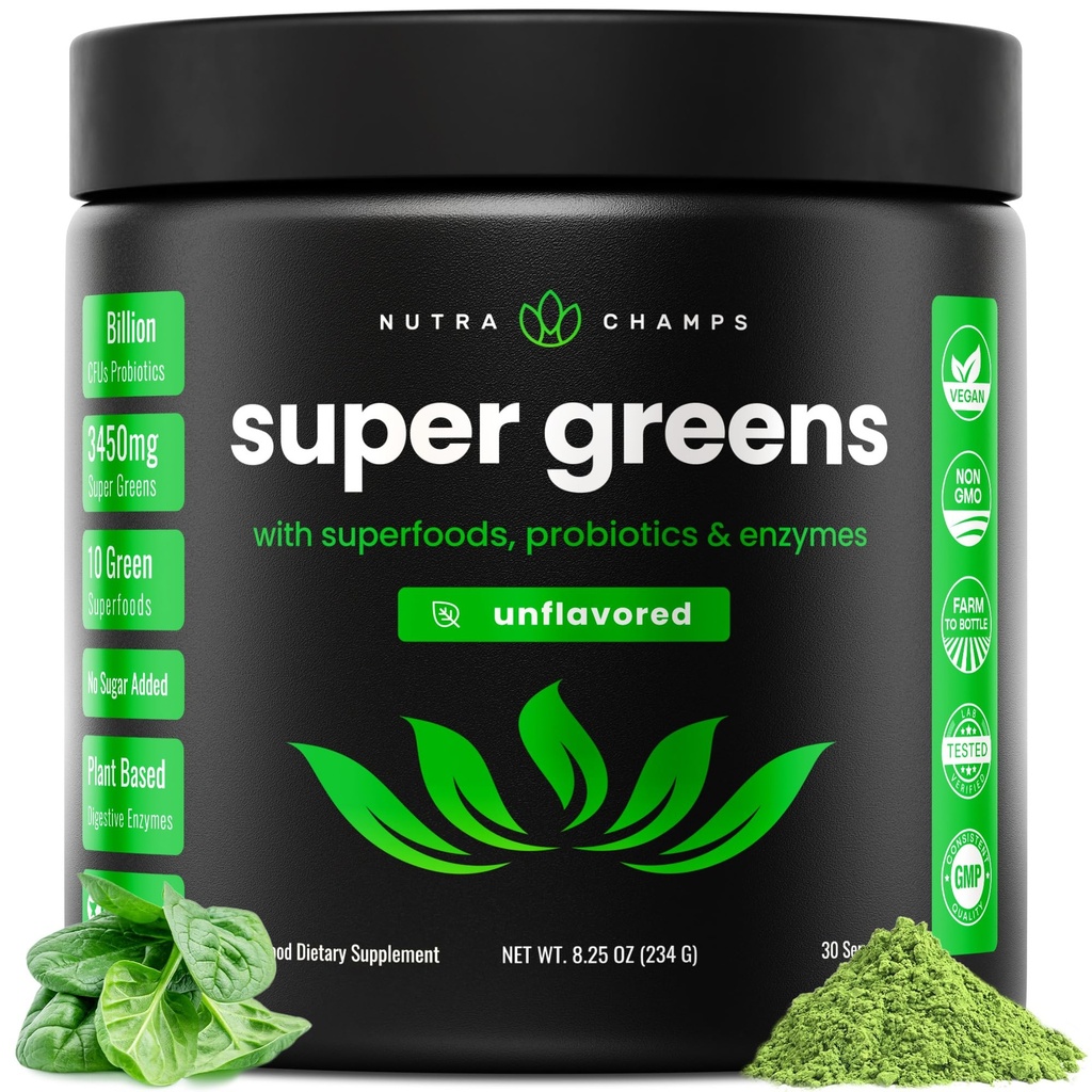 NutraChamps Super Greens Powder Premium Superfood 124; 20 + Organic Green Veggie Whole Foods CLAS124; Wheat Grass, Spirulina, Chlorella CLAS124; Antioxidant, Digestive Enzyme & Probiotic Blends (9.0 Oz, Neochucené)