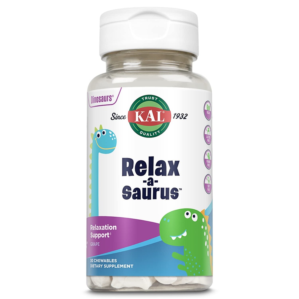 Kal Relax-a-Saurus, Stress Supplement pro děti, L-Theanine pro děti s bylinným stresem Relief & Relaxation & Blend, Delicious Natural Grape Flavor, 60denní záruka, 30 Žvýkací