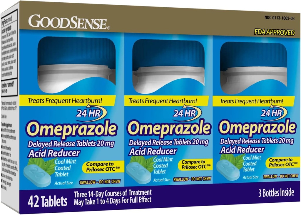 GoodSense Omeprazol Zpožděné uvolnění potahované tablety 20 mg, chladná mincovna, léčba časté srdeční pálení, kyselý reduktor, Heartburn medicína, 42 Počet