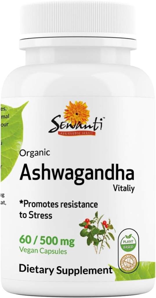 Sewanti Organic Ashwagandha Kapsle - Natural Stress Relief & Energy Boost - Dietní dodatek High Potency Extract 60 Vegan Kapsle - 500mg