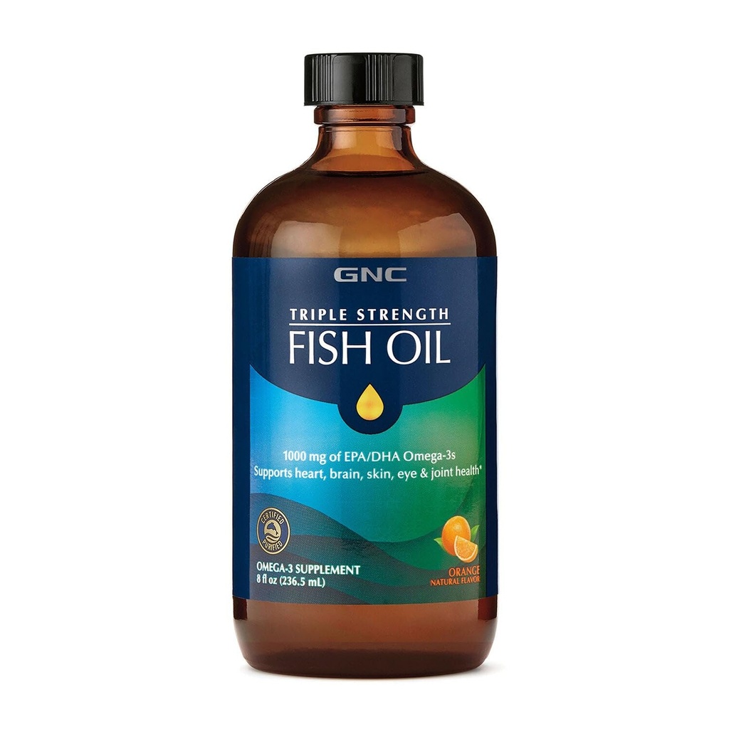 GNC Triple Strength Fish Oil Liquid Supplement, Wild Deep Ocean Caught. s 1000mg EPA DHA Omega 3s, pro, Srdce, Brain, Skin, Eye, Joint Health, Natural Orange Flavor, 8 Fl Oz, 47 Sluhy