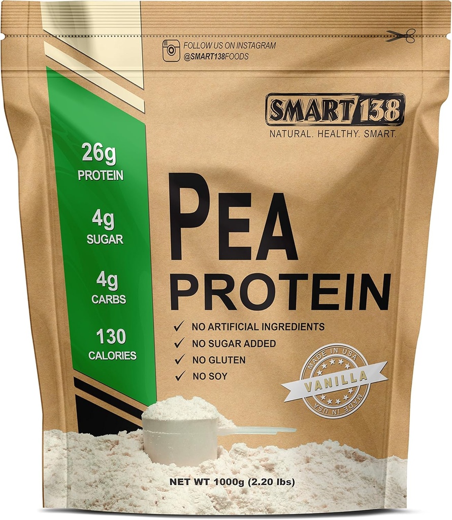 Smart138 Vanilla Pea Protein, Ultra-Fine Powder, Vegan, gluten- Free, Soy- Free, Dairy- Free, Non-GMO, USA / Kanada, Keto (Low Carb), Natural BCAA (1000g / 2.2lbs, Vanilla)