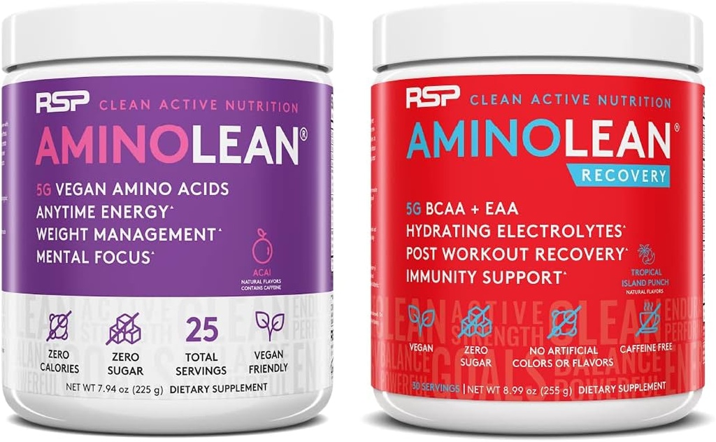 RSP NUTRITION Vegan AminoLean Pre Workout Energy (Acai 25 Servings) s AminoLean Recovery Post Workout Boost (Tropical Island Punch 30 Servings)