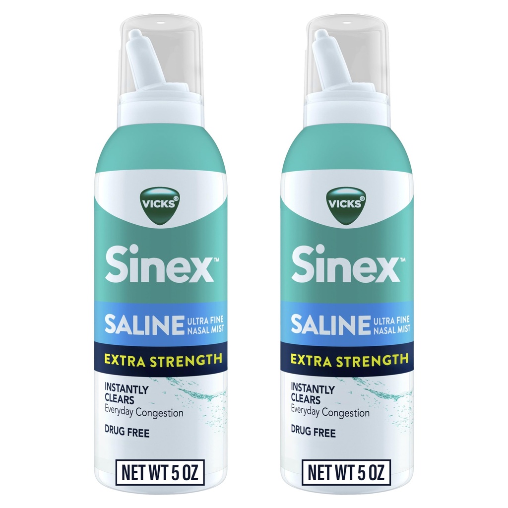 VICKS Sinex Saline Extra Strength Nasal Spray, 3X Koncentrované * Droga zdarma Ultra Fine Mist, Nepřetržitě čistí Mucus, Ultra Kongestion rychle, bezpečné pro denní použití, 5 OZ x 2