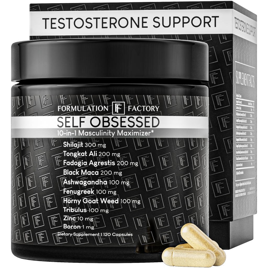 Formulace Factory Self Posedlý 10 v 1 Masculinity Maximizer Dodatek, Shilajit pro muže, Tongkat Ali, Ashwaganda, Fenugreek Muscle Growth, Energy, Drive, Síla, Recovery 2 měsíce (Balení 1)