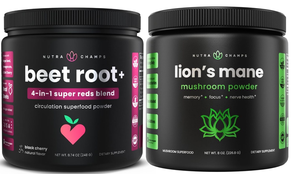 NutraChamps Beet Root Powder & Lion 's Mane Powder. Výkonné cirkulační a adaptogenové směsi