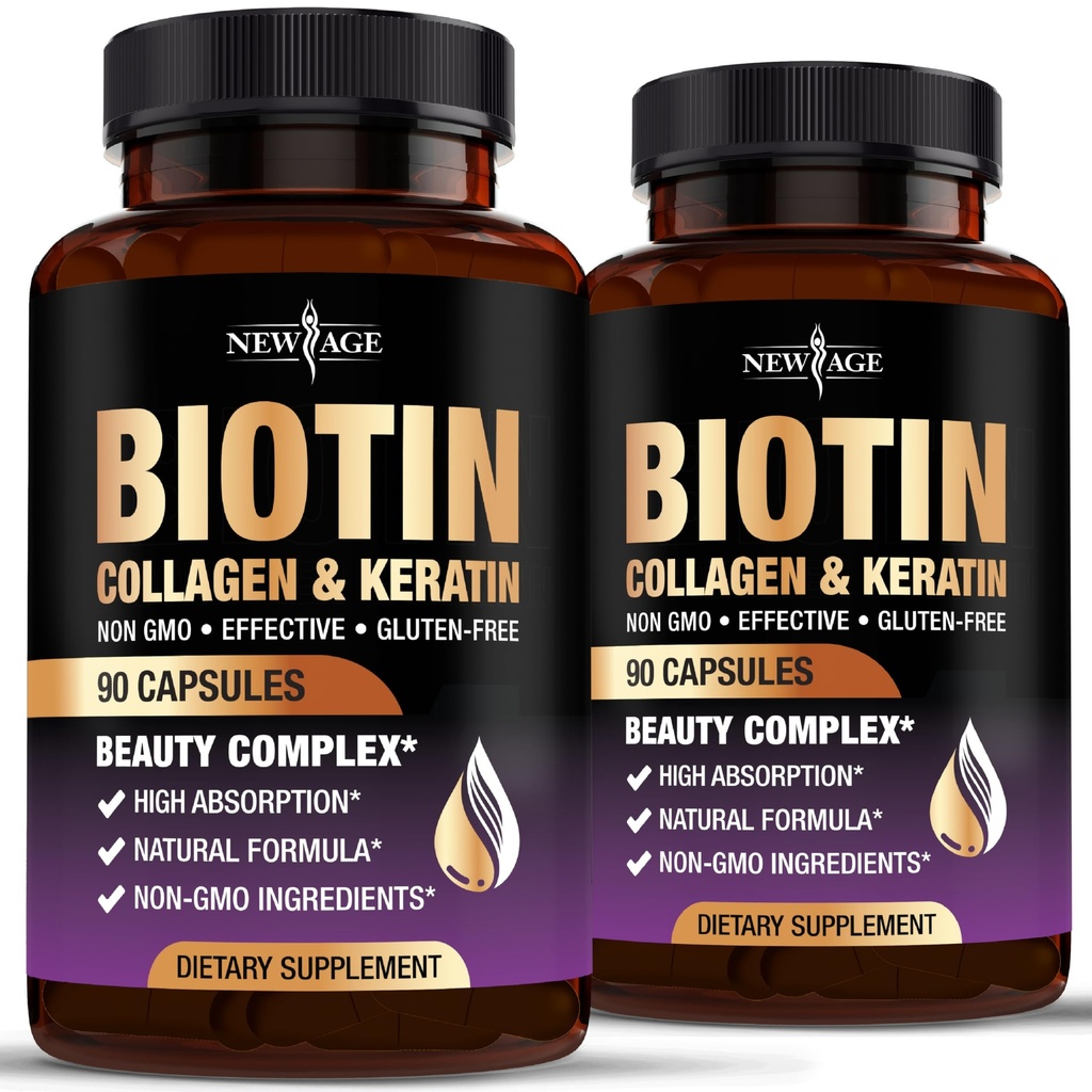 Nový věk Biotin Kolagen Keratin Hyaluronic Acid - 50,000mcg Vlasové růstové vitamíny pro muže a ženy, hřebíky, vlasy, kožní vitamíny a DHT blokáda s vitaminem E kyselina listová dýně semeno MSM- 180 Počet
