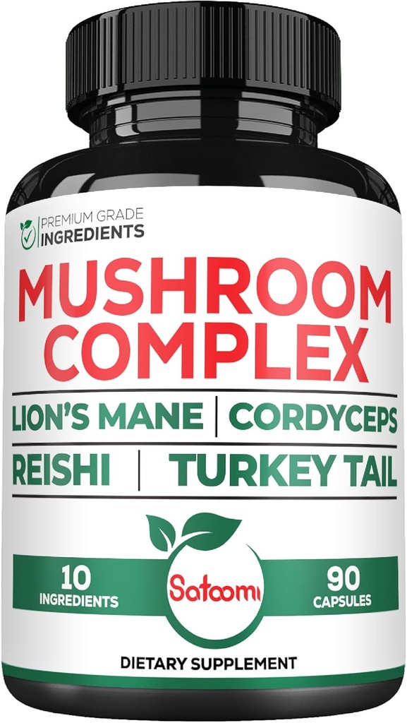 Satoomi 10in1 Lví hříva doplněk Komplex - Směs s Cordyceps Sinensis, Reishi Houba, Turecko Tail Houba & Ostatní - 90 Počet na 3 měsíce