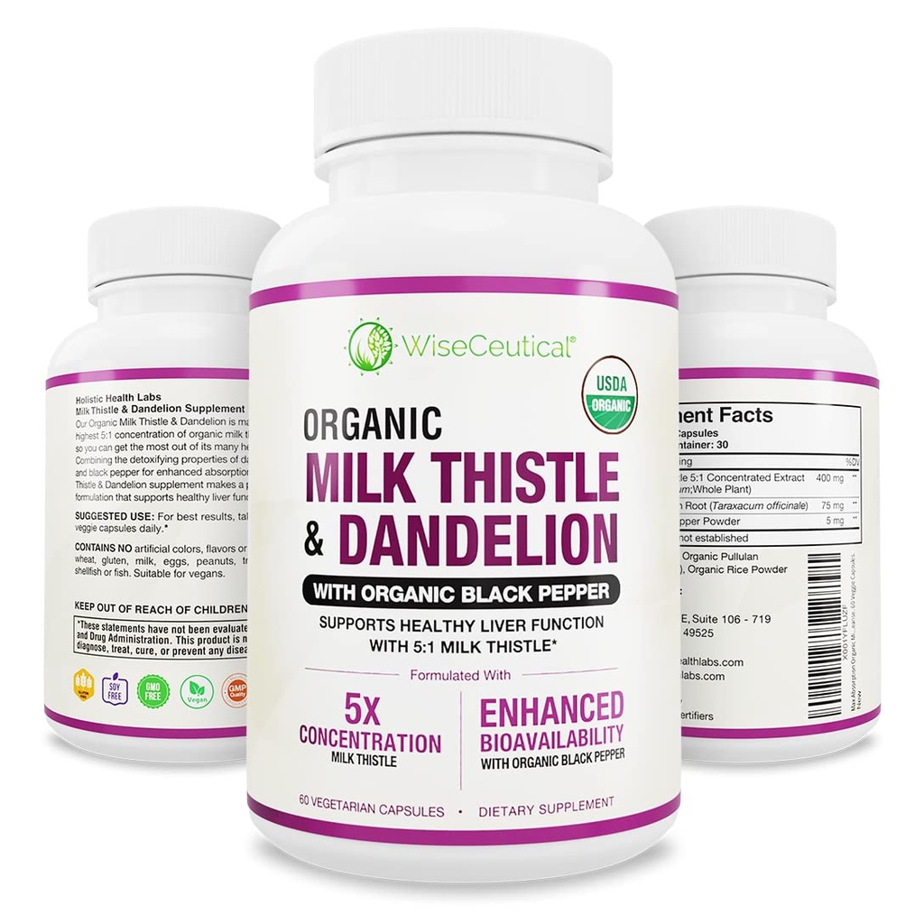 Max Absorpce USDA Organic Milk Thistle Potent 5: 1 Koncentrovaný extrakt (2000mg síla) & Organic Dandelion Root Current124; Silymarin Antioxidant Flavonoid Current124; Dodatek k podpoře jater (60 Počet balení po 1)