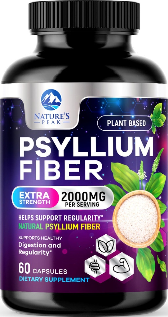 Psylium Husk Fiber Supplement 1500mg - Vegan Prebiotic, Soluble Fiber for Daily Digestive Health & Regularity Support, Natural Psylium Powder Caps, Sugar- Free, Non- GMO & Gluten- Free - 60 Kapsle