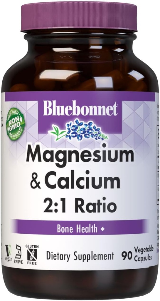 Bluebonnet Nutrition Magnesium & Vápník 2: 1 poměr, zdraví kostí *, Non- GMO, Vegan, Kosher Certified, gluten- Free, Soy- Free, Dair- Free, 90 Zeleninové kapsle, 30 Služeb