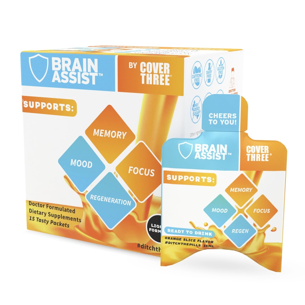 Cover Three Brain Assist Brain Supplement, Nutritional Focus Supplement with Curcumin, Uridin, Orange Slice Liquid Brain Support Formule, Vysoce výkonné Paměťové doplňky