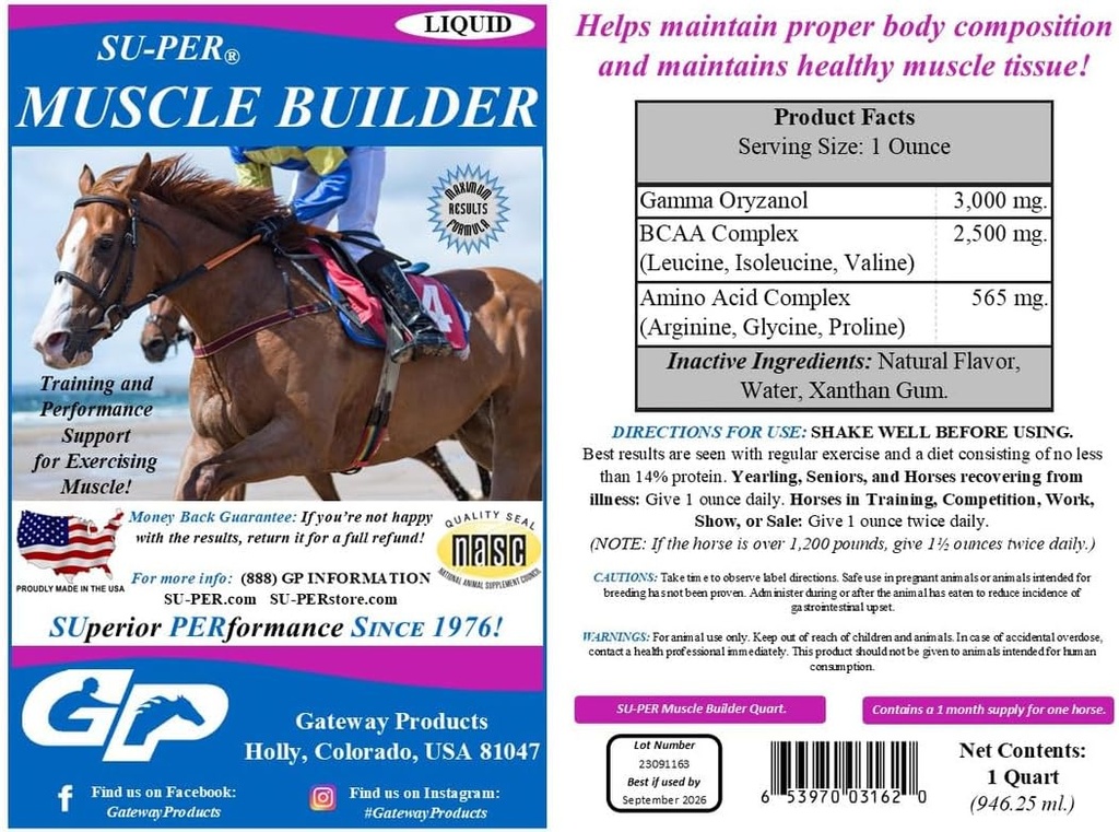 SU-PER Muscle Builder Horse Supplement - Školení a podpora výkonu pro cvičení svalů - 1 Gallon + čerpadlo