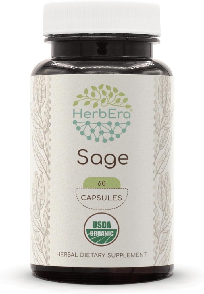 HerbEra Sage 60 Kapsle, 500 mg, USDA Organic Sage (Salvia officinalis) Sušený list (60 Kapsle)