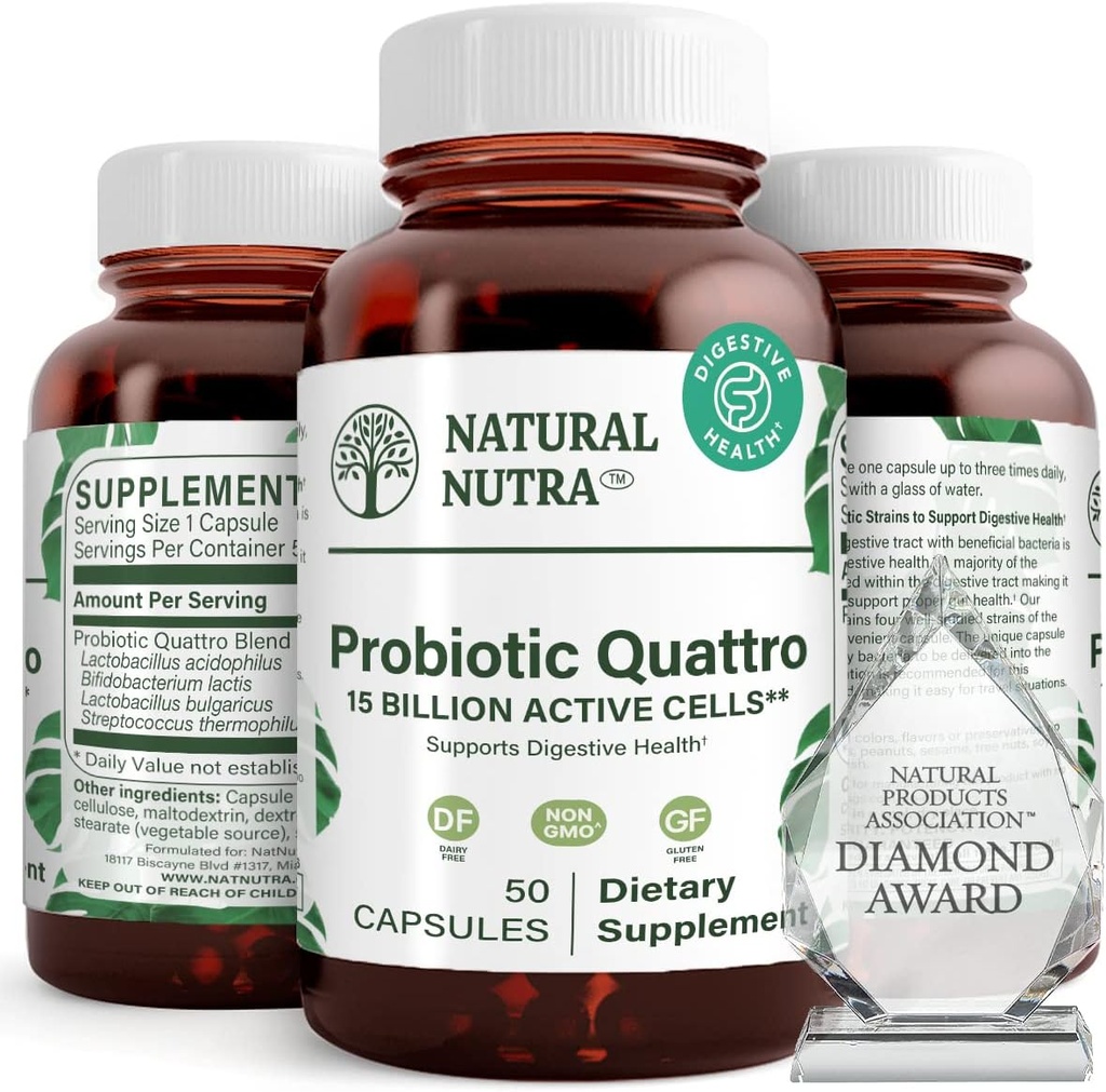 Natural Nutra Probiotic Quattro - Pokročilý Probiotický dodatek se 4 výkonnými proužky včetně Lactobacillus Acidophilus, Bifidus - Podpora trávicího a imunitního zdraví - 50 Vegetariánských kapslí