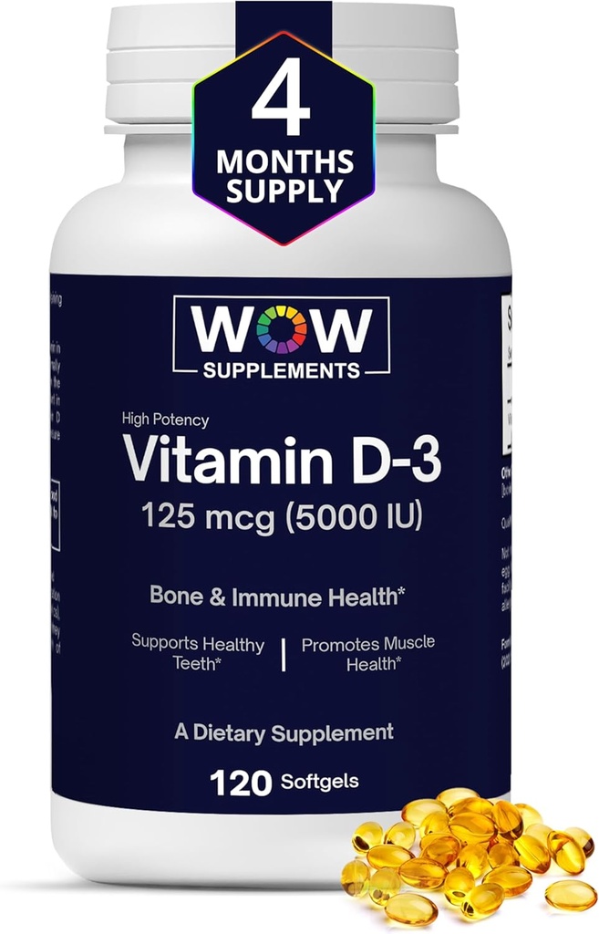 WOW doplňky Vitamin D3 5000 IU Softgels, 125 mcg - Vitamin D3 5000IU doplněk pro silné kosti a imunitní podporu - Non- GMO, Lepek zdarma Vitamin D 5000 IU - VIT D3 5000 IU Softgels - 120 Počet