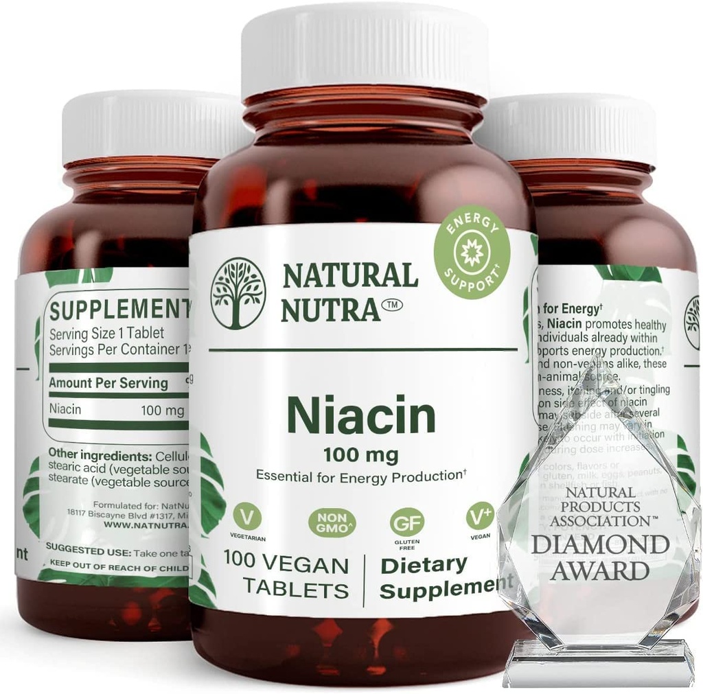 Natural Nutra Niacin dodatek pro energii, Nápověda udržení tělesného tuku, zlepšení trávení, Promotes Skin Health, Zvýšení energie a funkce mozku, Non- GMO, gluten- Free, 100 mg, 100 tablet (Balení 2)