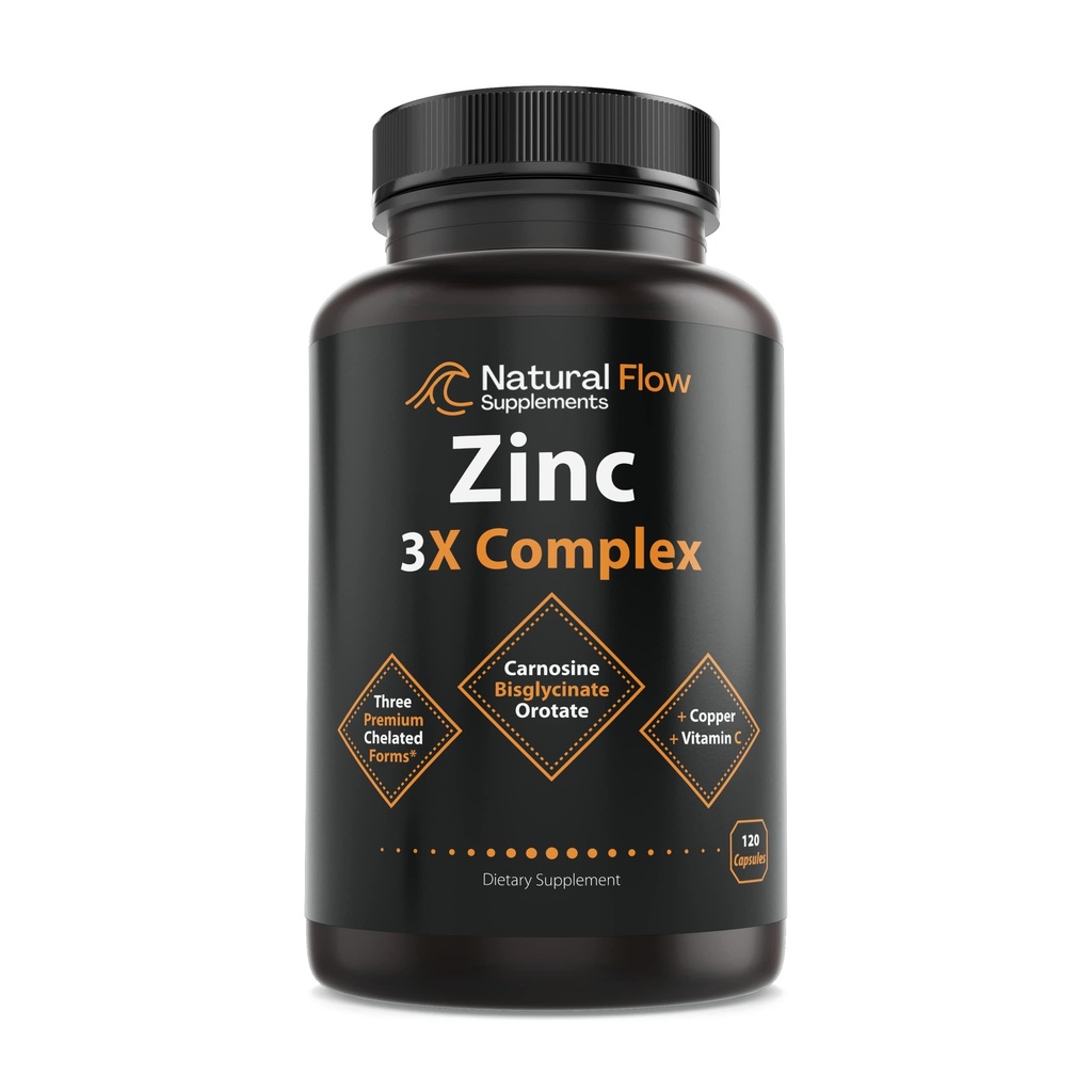 Komplex zinku s mědí a vitaminem C - Přírodní tok 3X zinkový karnosin, bisglycinát chelát, a orotace, Chelated Copper, Easy on The Scomach, kůže a imunitní podpora, 120 Kapsle