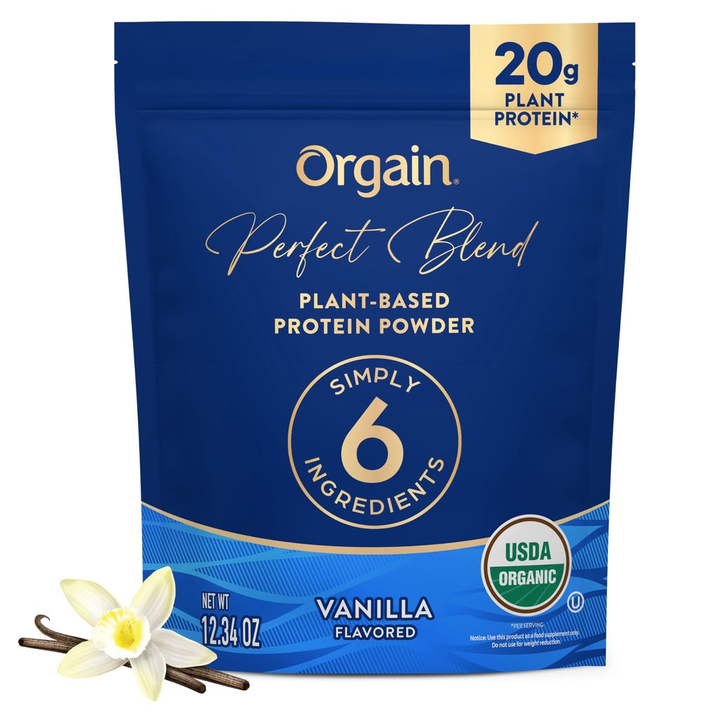 Orgain Organic Vegan Perfect Blend Protein Powder, 20g Clean Plant Protein, 6 Ingredients, < 1g Sugar, Gluten Free, Non- GMO; No umělé Flavors, Stevia Extract, mlékárenské nebo sójové přísady - Vanilla
