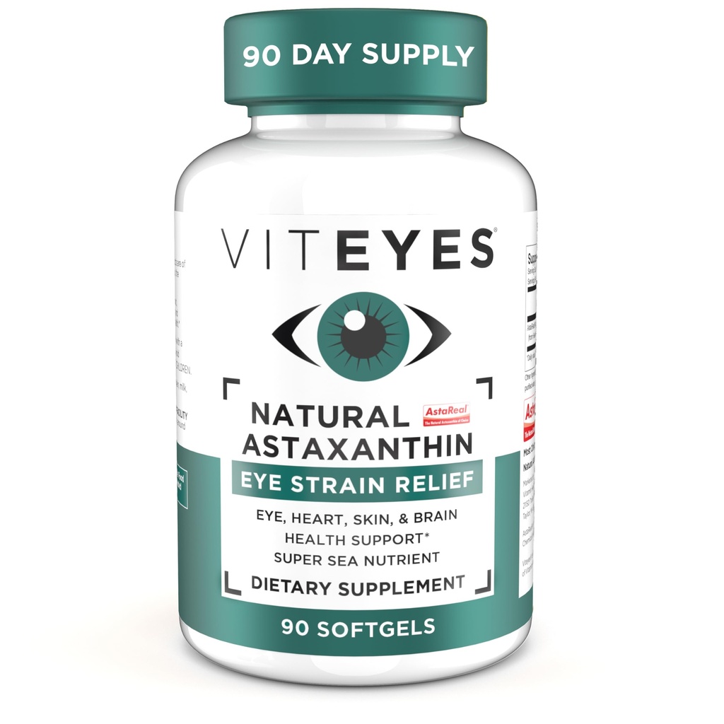 Viteyes Natural Astaxanthin, Relieve Unavené oči & oční Strein, Sourced from Algae, Skin Hydration, Heart & Brain Health, 4 až 8 mg Natural Astaxanthin, 90 Softgels