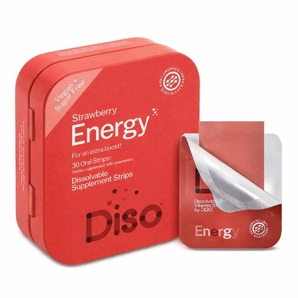 DISO - Energy - Fast- Diseling Caffeine Strips with Vitamins, Strawberry Flavor, Vegan, Sugar Free, High Absorption, Gluten Free, Individuálně zabalené, 30 Diselable Strips