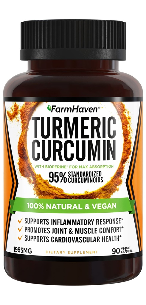 Kurkumin s BioPerine Black Pepper & 95% Kurkuminoidy, 1965mg, Maximální absorpce pro společnou podporu, Non- GMO Kurkumové kapsle, Made in USA - 90 Veg Caps