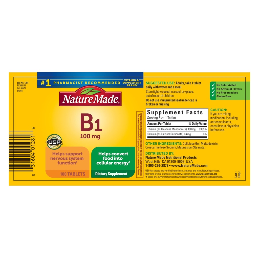 Příroda vyrobený vitamín B1 100 mg, dodatek stravy pro podporu metabolismu energie, 100 tablet, 100 denní dodávka