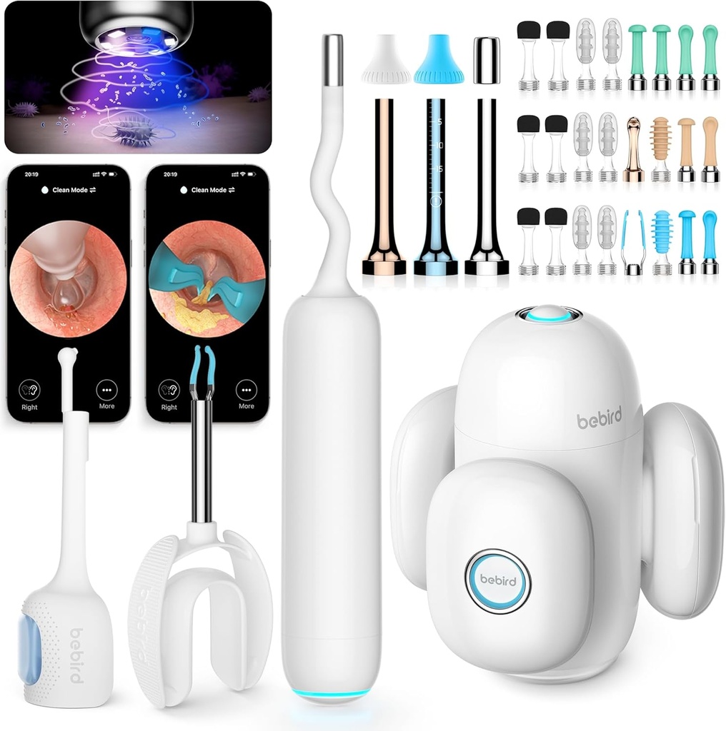 BEBIRD Home 30S Systém péče o uši - Čistič uší s flexibilní rozsah FHD fotoaparátu, UVC LED Light, Visual Ear- Drops Dropper, Wax Odstranění Tweezers nástroj pro čisté ucho, 3 Sada čistících kitů pro dospělé / děti